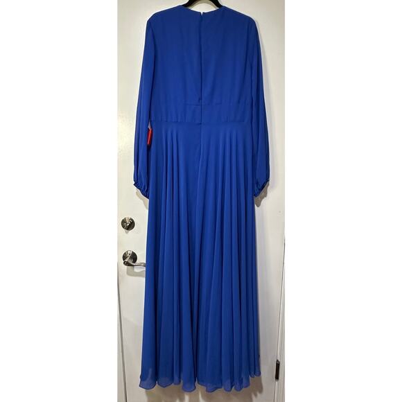 Ieena For Mac Duggal V-Neck Illusion Long Sleeve Chiffon Gown Size 14  NWOT Blue - Picture 11 of 16